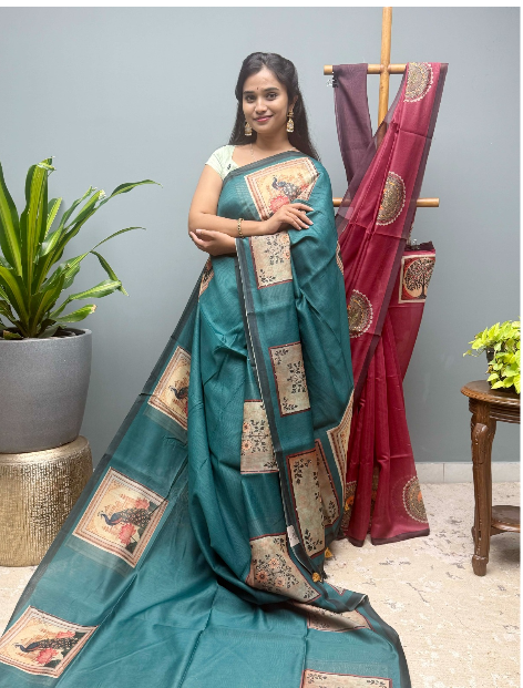 Tusser Silk Saree with Floral Print  contrast Border  - Rama Green