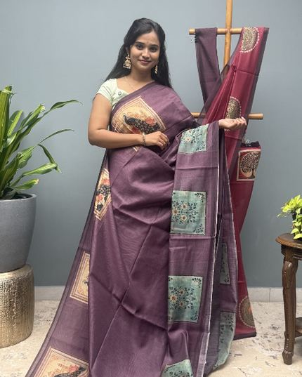 Tusser Silk Saree with Floral Print  contrast Border  -  Light Purple