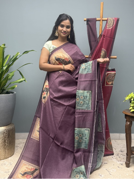 Tusser Silk Saree with Floral Print  contrast Border  -  Light Purple
