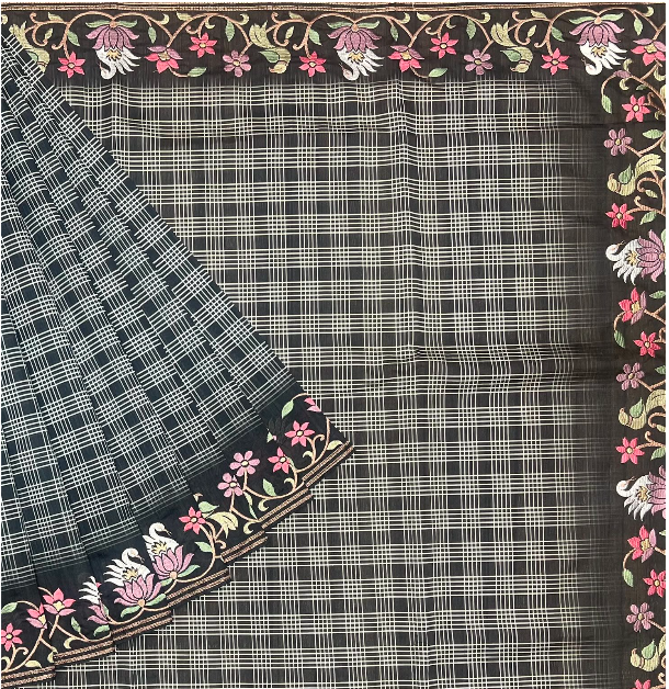 Tusser Silk Saree With CHecks Design and  Thread Embroidery Border - Black