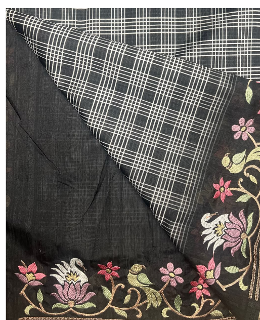 Tusser Silk Saree With CHecks Design and  Thread Embroidery Border - Black
