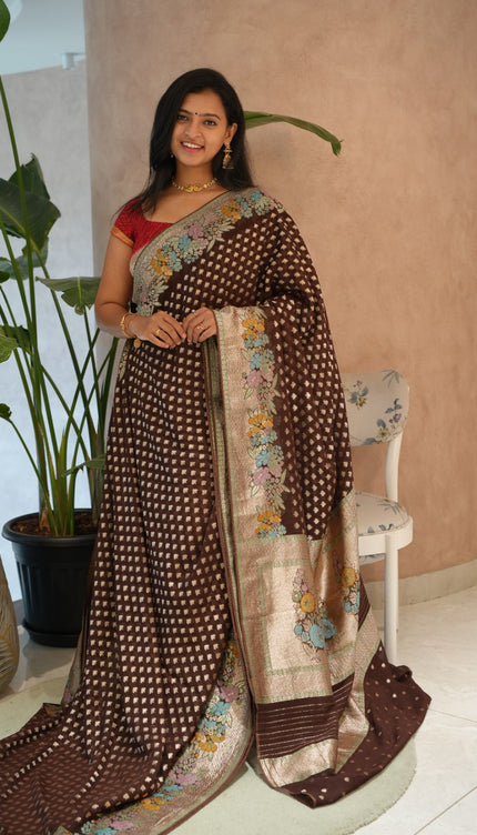 Kadi Georgette  Saree With Meena Kari Border -Brown