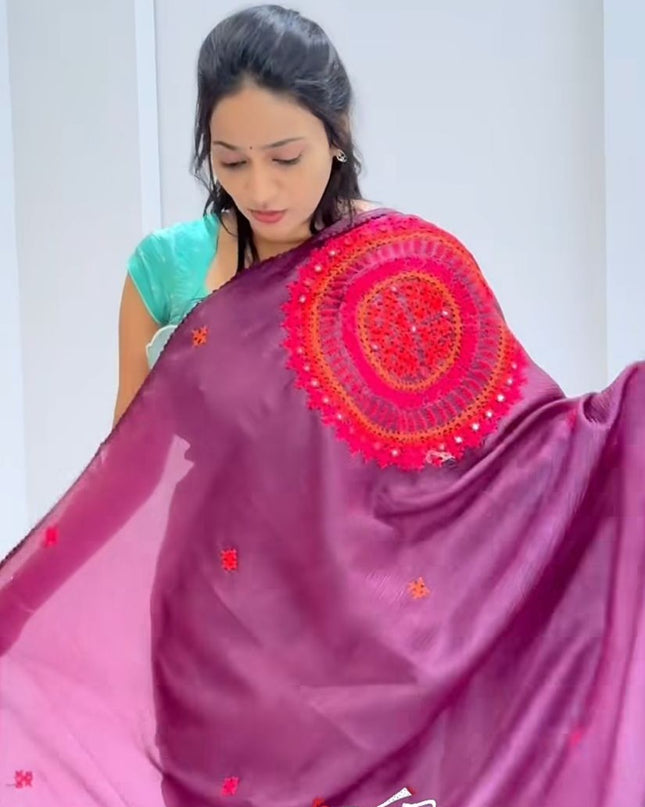 Soft Crush Tissue Saree With Soft Crush Tissue Saree With Kutch Work - Purple
