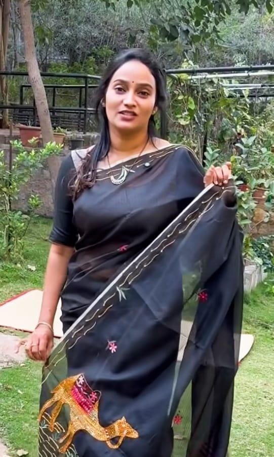Kota Silk saree with kantha work zari border - Black