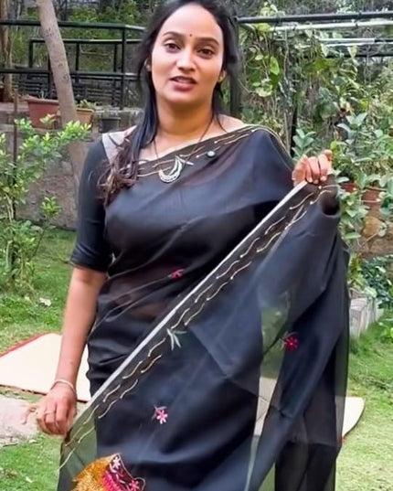 Kota Silk saree with kantha work zari border - Black