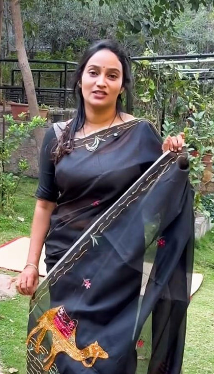 Kota Silk saree with kantha work zari border - Black