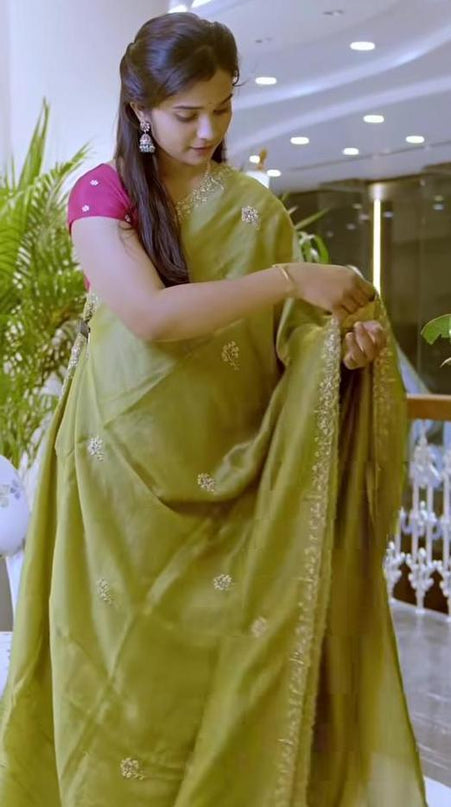 Italin Silk saree with kardhana work and scalp border - Green