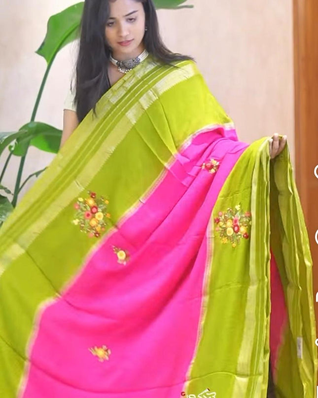 Chinnon Crape Saree  French Knot Work Design and Golden Zari Gap Border Border - Pink