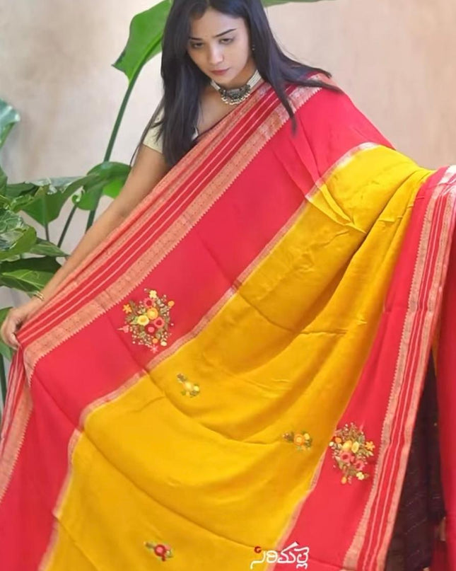 Chinnon Crape Saree  French Knot Work Design and Golden Zari Gap Border Border - Mustard