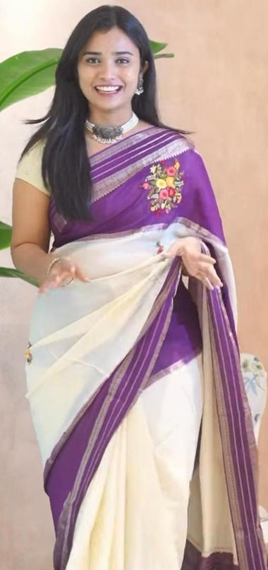 Chinnon Crape Saree  French Knot Work Design and Golden Zari Gap Border Border -Cream & Violet