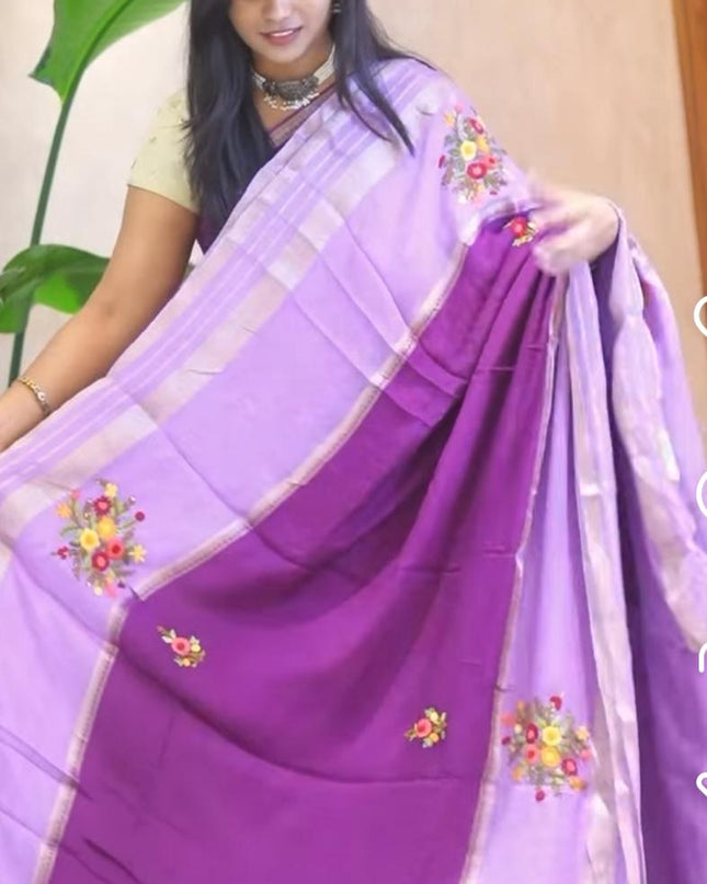 Chinnon Crape Saree  French Knot Work Design and Golden Zari Gap Border Border -Purple