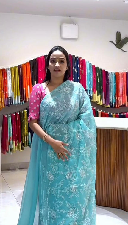 Chiffon saree with Thread  Embroidery Work and Scallop border -  Sea Green