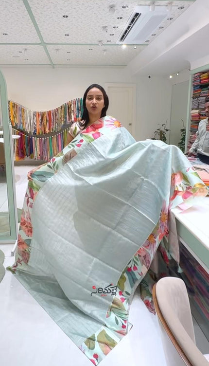 Tusser Tissue  Saree with Checks Pattern Design and Contrast Border -Sky Blue