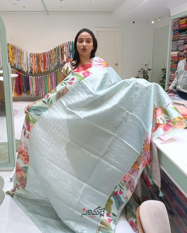 Tusser Tissue  Saree with Checks Pattern Design and Contrast Border -Sky Blue