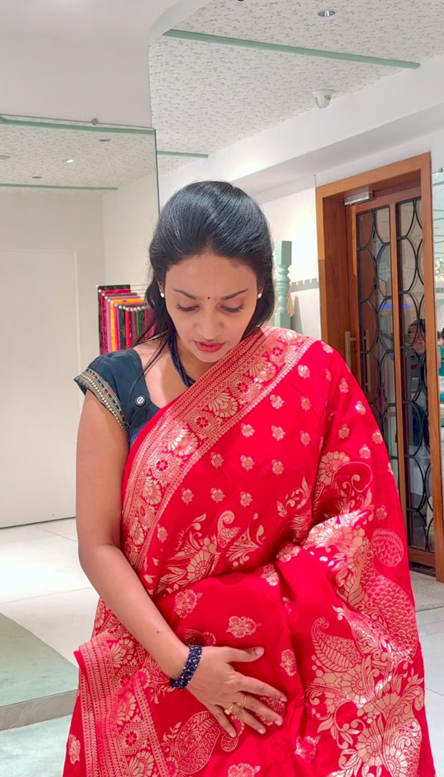 Banaras Silk With Allover Gold Zari Work - Red