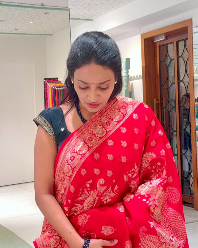 Munga Silk With Allover Gold Zari Work - Red