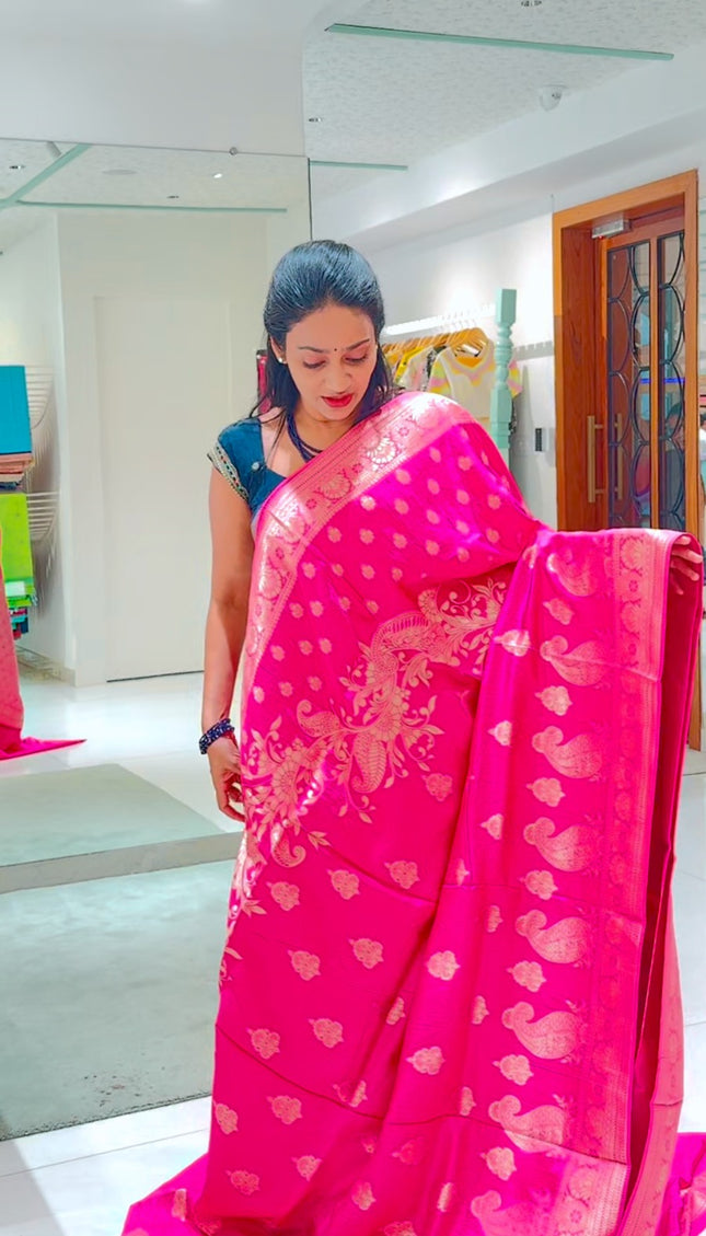 Banaras Silk With Allover Golden Zari Work - Pink