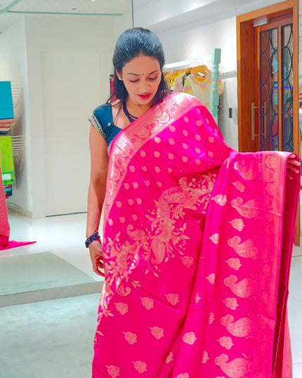 Munga Silk With Allover Golden Zari Work - Pink