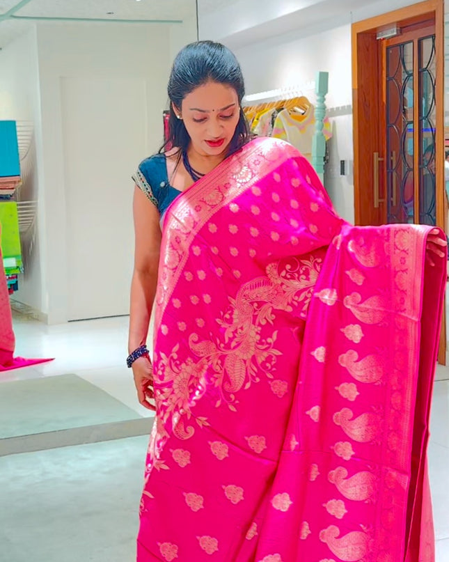 Munga Silk With Allover Golden Zari Work - Pink