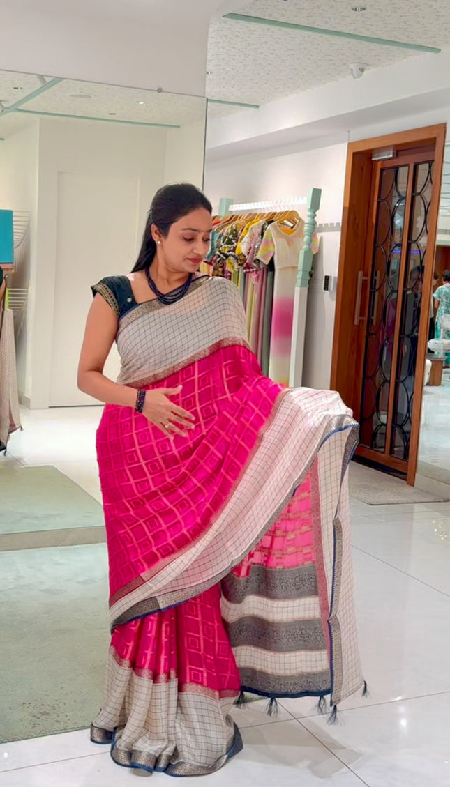 Chiffon Saree Gold Weaving Checks with Gap Border- Pink