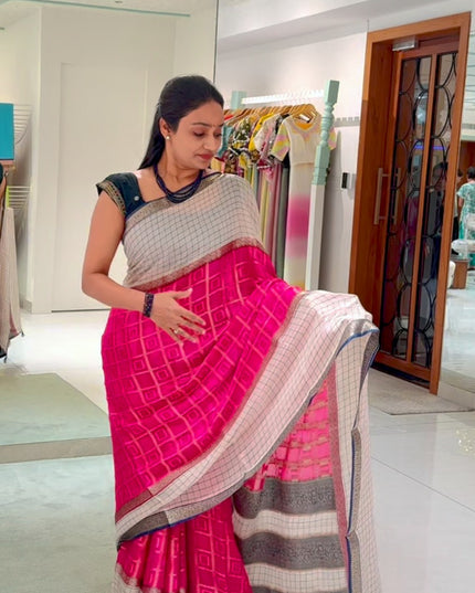 Chinon Saree Gold Weaving Checks with Gap Border- Pink