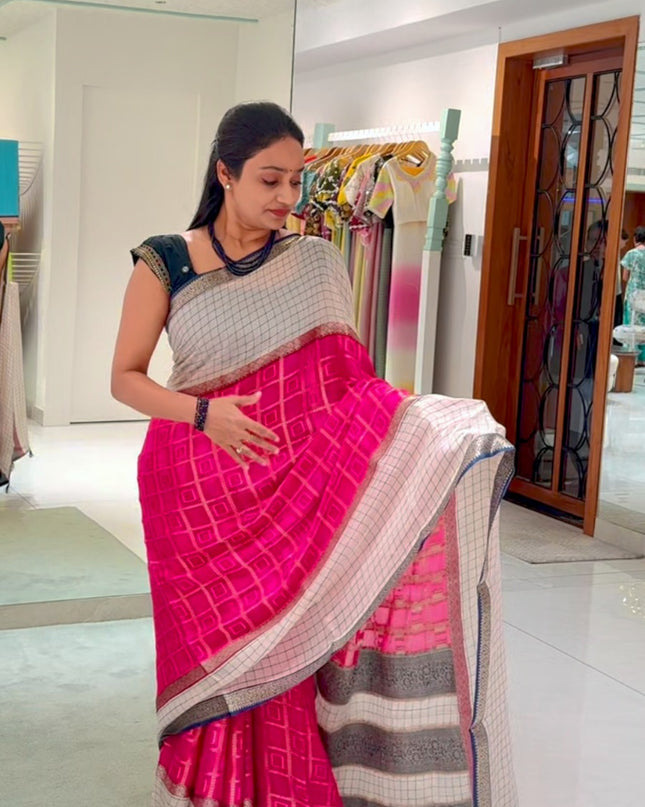 Chinon Saree Gold Weaving Checks with Gap Border- Pink