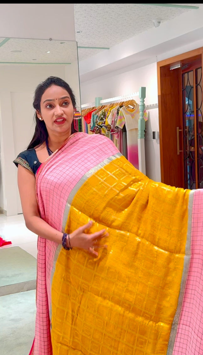 Chiffon Saree Gold Weaving Checks with Gap Border- Yellow