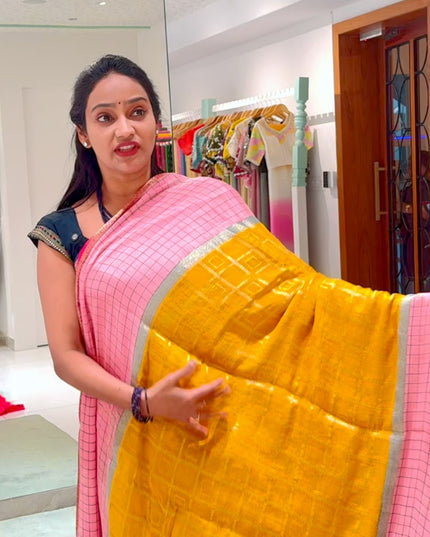 Chinon Saree Gold Weaving Checks with Gap Border- Yellow