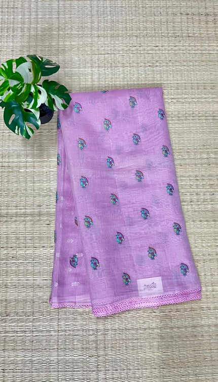 Mul Chanderi saree with Thread Work Butties and lace Border Border  -Baby Pink