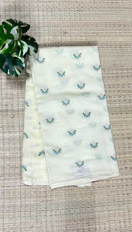 Mul Chanderi saree with Thread Work Butties and lace Border Border - Light Lemon Yellow