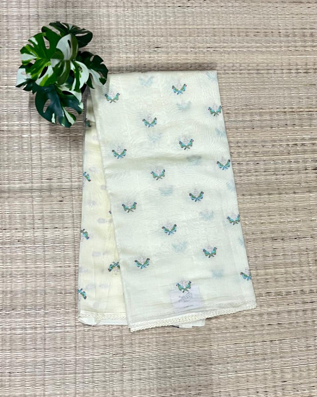 Mul Chanderi saree with Thread Work Butties and lace Border Border - Light Lemon Yellow