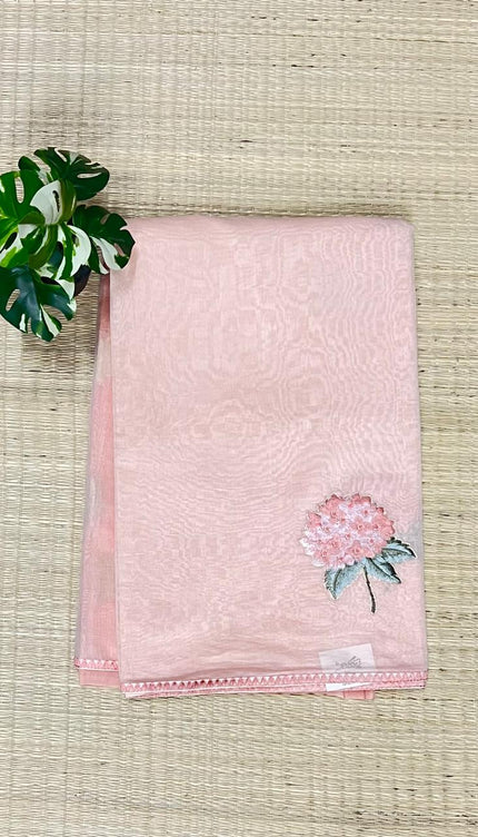 Mul Chanderi saree with Thread Work Flower Design with Small Border -Light Peach