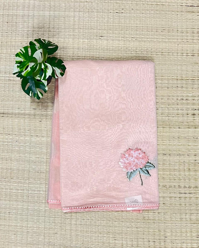 Mul Chanderi saree with Thread Work Flower Design with Small Border -Light Peach