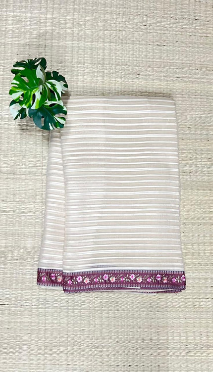 Mul Chanderi saree with Weaving Stripes and lace Border -Beige