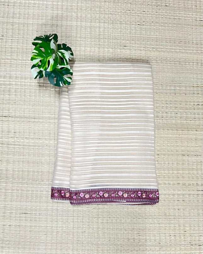 Mul Chanderi saree with Weaving Stripes and lace Border -Beige