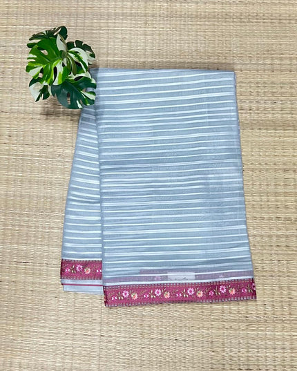 Mul Chanderi saree with Weaving Stripes and lace Border -Light Grey