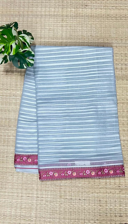 Mul Chanderi saree with Weaving Stripes and lace Border -Light Grey