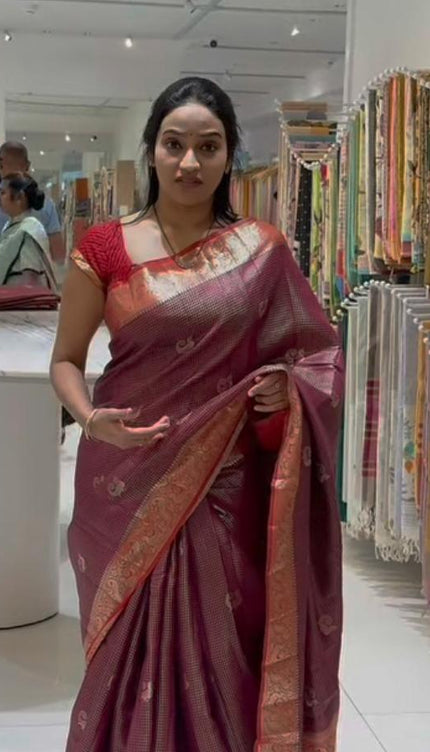 Chinaya pattu Saree With Kanchapuram Peacacok Design and Golde Zari Border -  Maroon