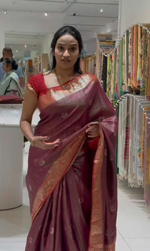 Chinaya pattu Saree With Kanchapuram Peacacok Design and Golde Zari Border -  Maroon