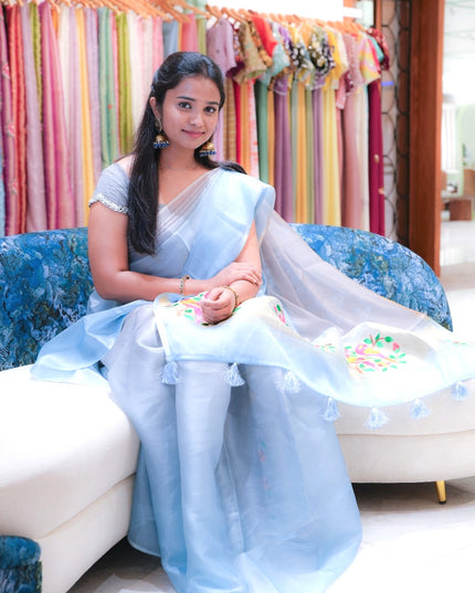 Soft organza saree with embroidered parrot motifs - Blue