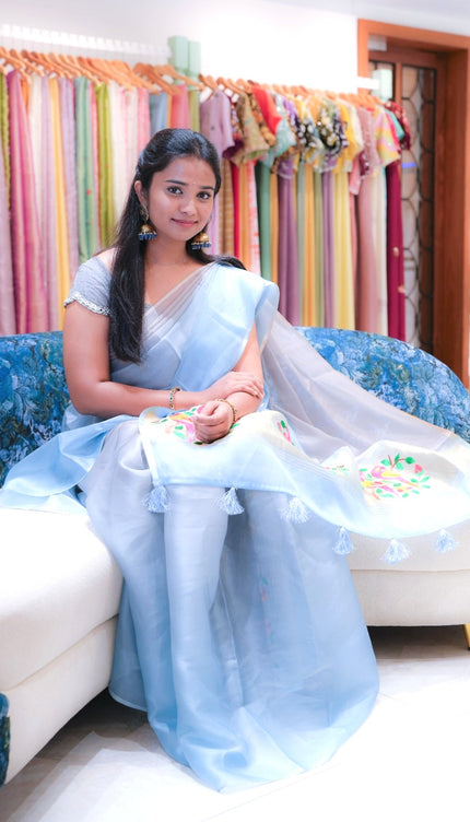 Soft organza saree with embroidered parrot motifs - Blue
