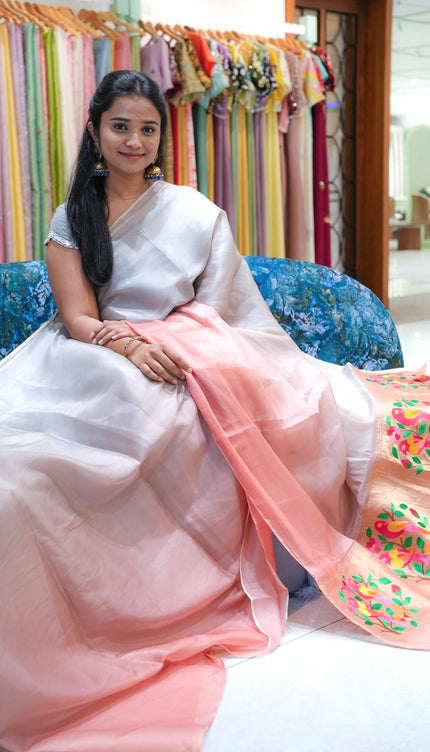 Soft organza saree with embroidered parrot motifs - Peach
