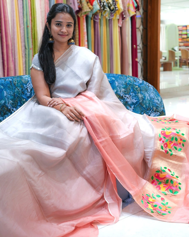 Soft organza saree with embroidered parrot motifs - Peach