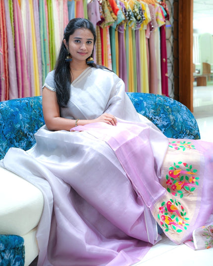 Soft organza saree with embroidered parrot motifs - Lavender
