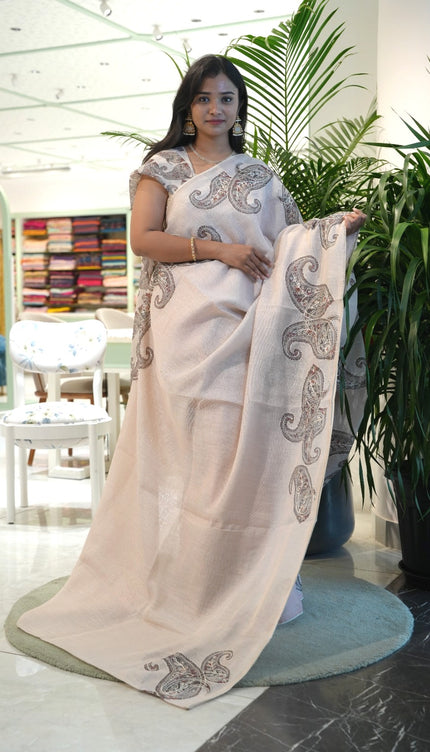 Tissue linen saree with Mango Butties And Dori work With Lace border - Beige