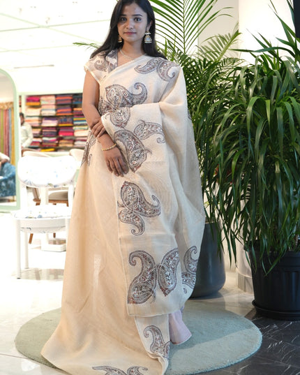 Tissue linen saree with Mango Butties And Dori work With Lace border - Lemon Yellow
