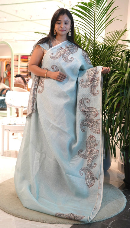 Tissue linen saree with Mango Butties And Dori work With Lace border - Sky Blue