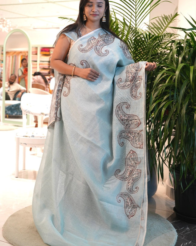 Tissue linen saree with Mango Butties And Dori work With Lace border - Sky Blue