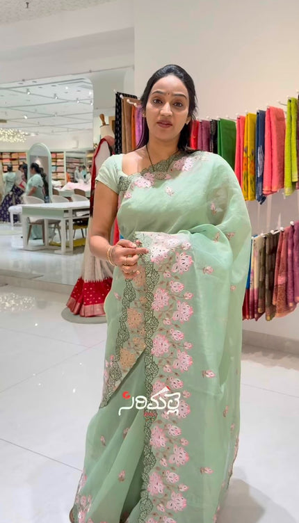 Shimmer Chandei saree with Flower thread Emborder Cut Work Design and Scallop  Border -Pista Green