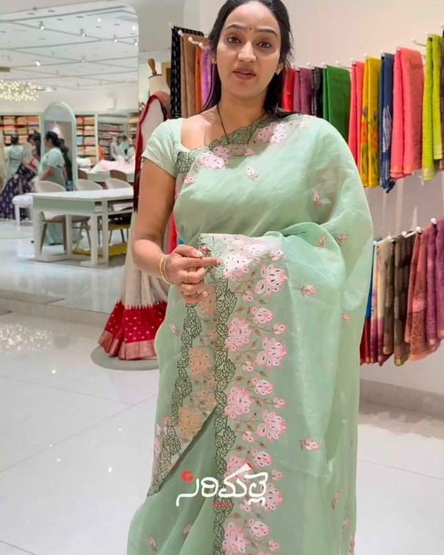Shimmer Chandei saree with Flower thread Emborder Cut Work Design and Scallop  Border -Pista Green